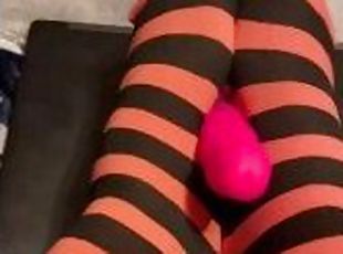 Playing with my body and cumming in my striped tights