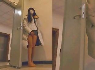 Chinese ladyboy ejaculates in the corridor while listening to the sound of the elevator