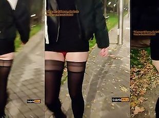 Girl with long legs, walking sexy down the street in public. Whore Wife exhibitionist in stockings