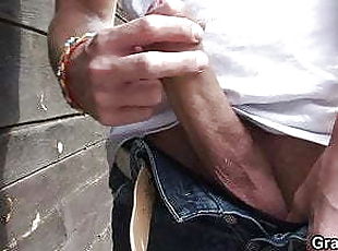 Horny guy fucks 70 year old blonde granny in public