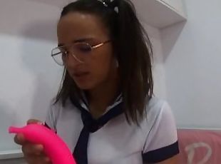 Student COSPLAY with glasses pigtails and dildo
