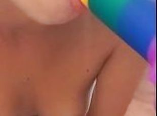 DILDO BLOWJOB, hard small nipples, close up - Ela Stance