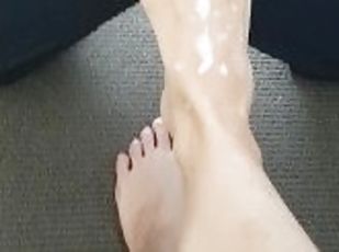 Cheating Secretary rubs Boss's cum all over her feet and toes!