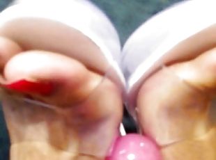 Long red toenails and big dildo and high heels