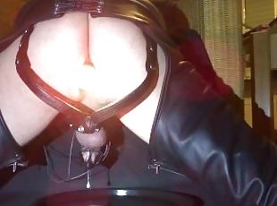 Electro stimulation cum milking in chastity with LED buttplug