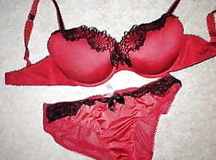 Cum on Red Satin Panties and Bra set 30DD