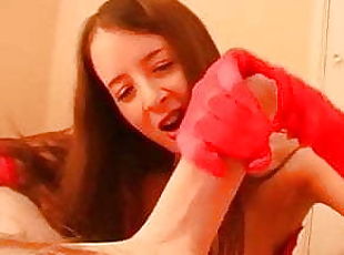 Hot Brit handjob with red gloves