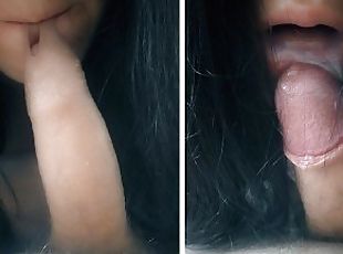 Amateur Brunette try play with my foreskin and gets cum in mouth - Blowjob POV