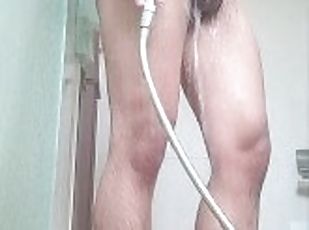 Korean fit boy jerking off while taking shower