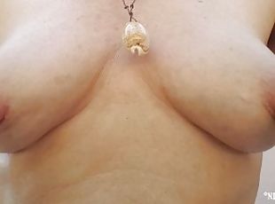 nippleringlover inserting double big heavy rings in extremely stretched large gauge nipple piercings