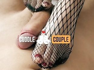 Fishnet tights footjob with cum