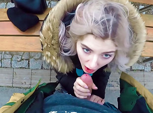 Teen nympho Eva Elfie sucking big boner on the park bench