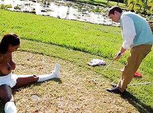 Busty hot black girl in sexy fluffy skirt Brandi gets fucked on golf field