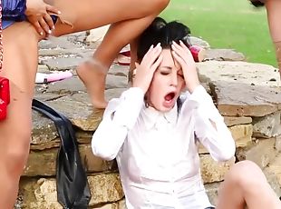 Kinky lesbian MILFs outdoor pissing porn