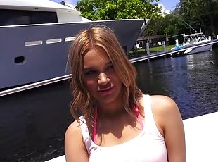 Blonde chunky chick gives it her all on a boat
