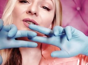 ASMR: blue nitrile gloves fetish - hot sounding - MILF in pink PVC coat (Arya Grander)