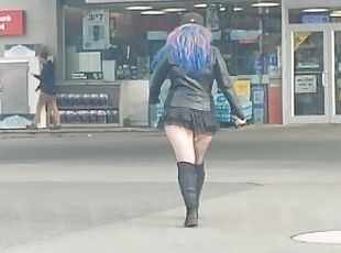 MILF in short mini skirt and fishnets walking in public