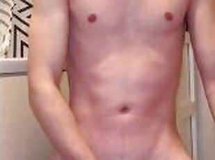 Skinny dude jerking off big dick cumshot