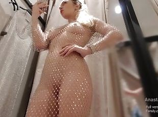 I try on transparent dress in fitting room with open curtain. People are passing. Naked in Public.