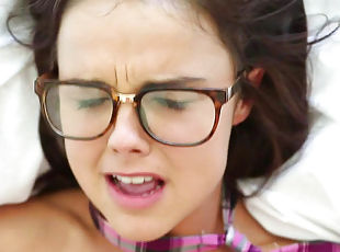 Alluring teen in glasses is sucking so hot