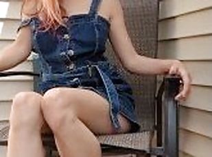 masturbating on back deck in denim dress