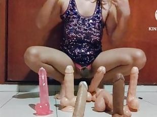 Sissy in chastity trying many dildos up her horny asshole